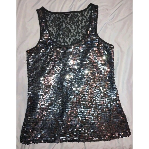 5/$25 EUC Sz M Sequin & Lace Sparkly Tank Top Express Grey & Silver - Picture 2 of 5